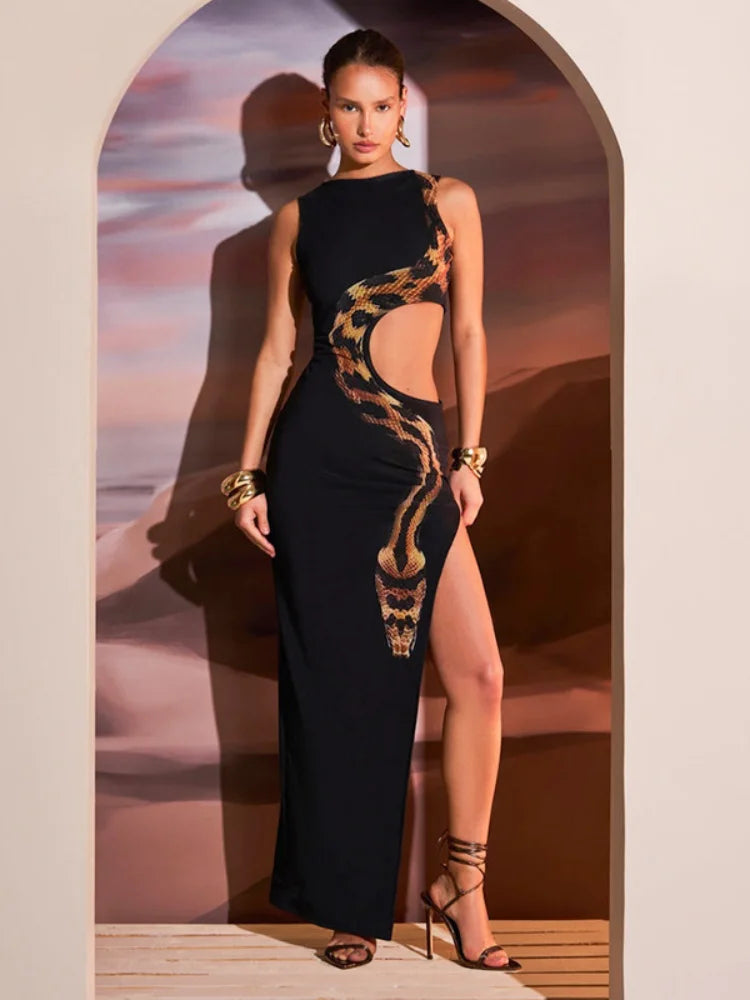 LVSANW Fashion Black Snake Printed Hollow Out Long Dress Women Sexy O Neck Sleeveless High Split Slim Robes 2024 Lady Party Night Gowns