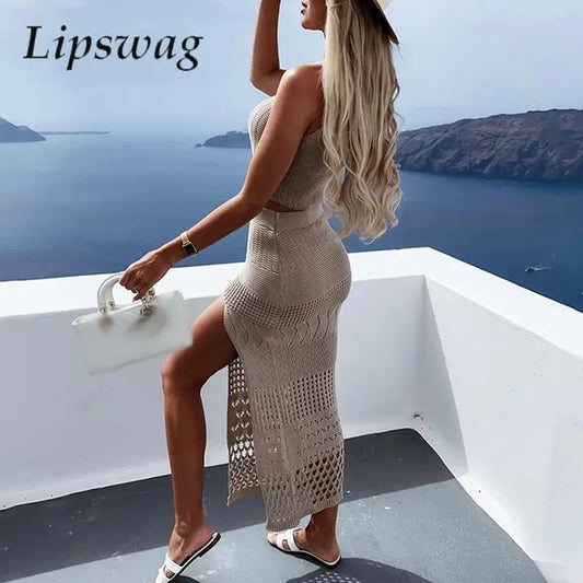 LVSANW Fashion Crochet Knitted Two Piece Set Women Casual Sleeveless Tank Tops + Bodycon Slit Skirt Suit Summer Lady Slim Beach Outfits