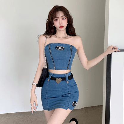 LVSANW Fashion Denim Women's Suit Summer 2024 Set Woman 2 Pieces Strapless Backless Tube Top And Mini Bodycon skirt Female Set Outifits