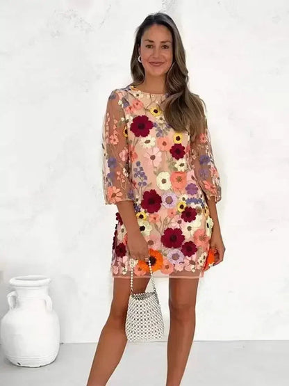 LVSANW Fashion Embroidered Flower Printed Long Dress Women Elegant O-neck Long Sleeve Lace Bodycon Dresses 2024 New Female Party Robes