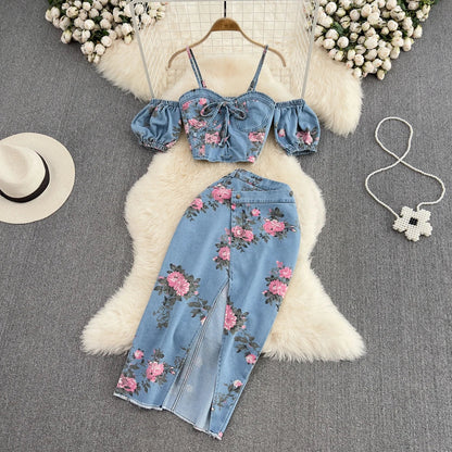 LVSANW Fashion Floral Print Denim Skirt Set Spaghetti Strap Crop Tops Irregular Slim Split Skirt Summer Women 2Pcs Suits