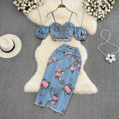 LVSANW Fashion Floral Print Denim Skirt Set Spaghetti Strap Crop Tops Irregular Slim Split Skirt Summer Women 2Pcs Suits