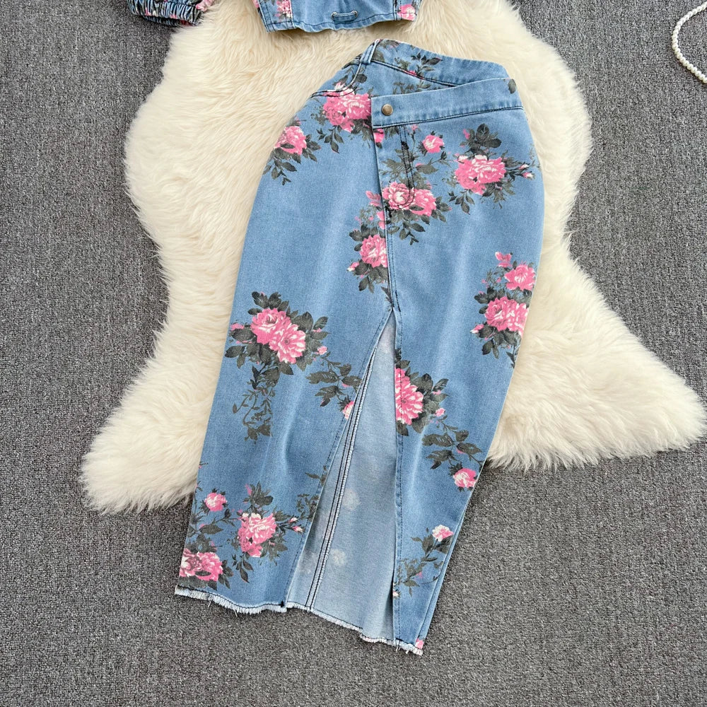 LVSANW Fashion Floral Print Denim Skirt Set Spaghetti Strap Crop Tops Irregular Slim Split Skirt Summer Women 2Pcs Suits