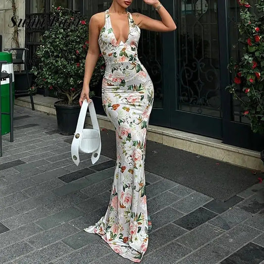 LVSANW Fashion Floral Print Suspender Party Dress Elegant Asymmetrical V-neck High Split Dress Sexy Hollow Out Sleeveless Long Dresses