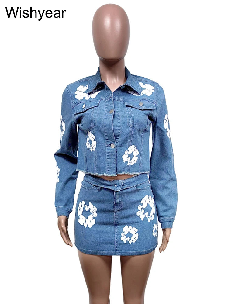 LVSANW Fashion Flower Print Blue Denim Two Piece Dress Sets Women Jeans Button Long Sleeve Crop Top and Mini Skirt Night Club Outfits