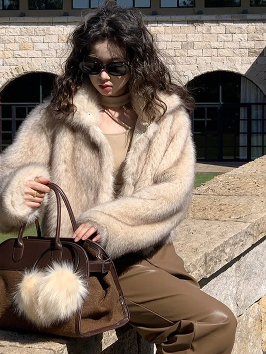 LVSANW Fashion Fur Jacket For Women Elegant Stand Collar Long Sleeve Loose Female Cardigan 2025 Autumn Winter Lazy Ladies Streetwear