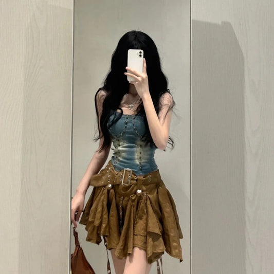 LVSANW Fashion Heavy Slim Fit Denim Camisole Vest+ Y2k E-Girl High Waist Irregular Ruched Skirts 2024 Spring New Two Piece Sets