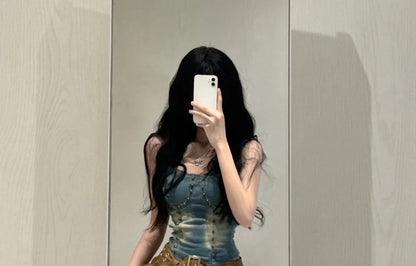 LVSANW Fashion Heavy Slim Fit Denim Camisole Vest+ Y2k E-Girl High Waist Irregular Ruched Skirts 2024 Spring New Two Piece Sets