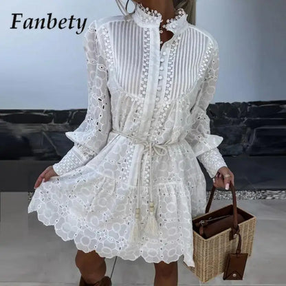 LVSANW Fashion Holiday Beach Solid Color Dress New Women's Stand-Up Neck Lace Splicing Dress Elegant Long Sleeve Button Bohemian Dress