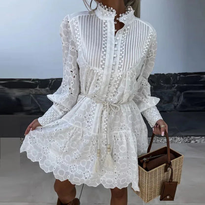 LVSANW Fashion Holiday Beach Solid Color Dress New Women's Stand-Up Neck Lace Splicing Dress Elegant Long Sleeve Button Bohemian Dress