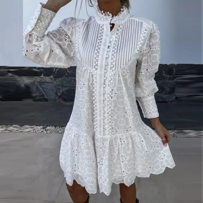 LVSANW Fashion Holiday Beach Solid Color Dress New Women's Stand-Up Neck Lace Splicing Dress Elegant Long Sleeve Button Bohemian Dress