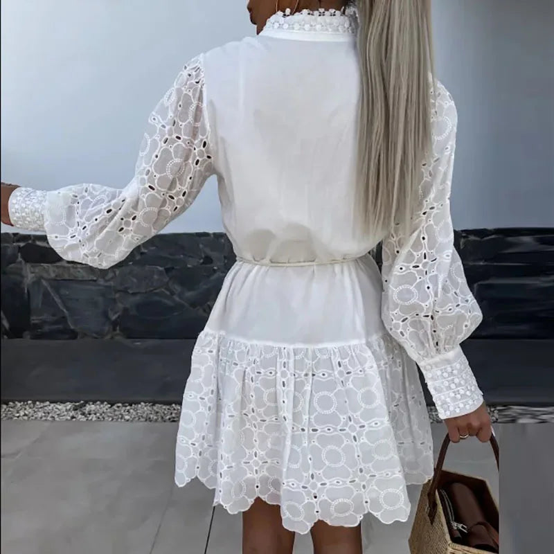 LVSANW Fashion Holiday Beach Solid Color Dress New Women's Stand-Up Neck Lace Splicing Dress Elegant Long Sleeve Button Bohemian Dress