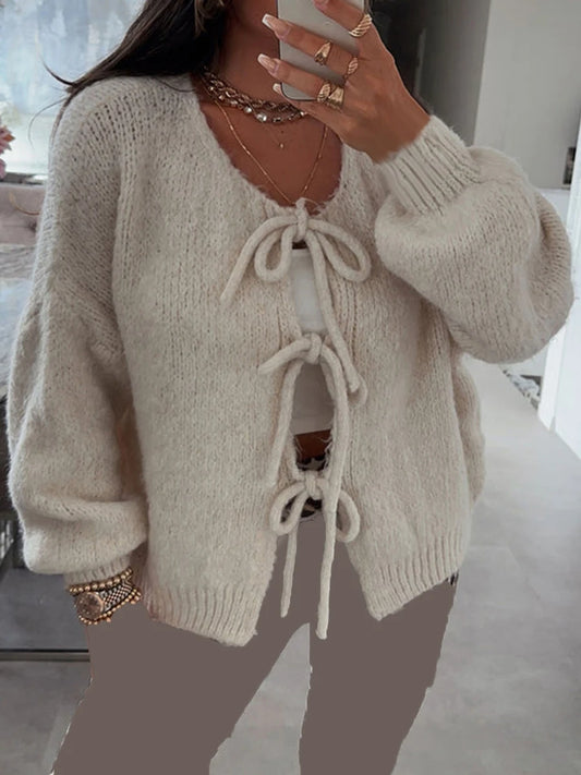 LVSANW Fashion Knitted Bow Lace Up Cardigan Women Sweater Y2k Open Front Sweet Knitted Cardigan Lantern Sleeve Oversized Cardigan