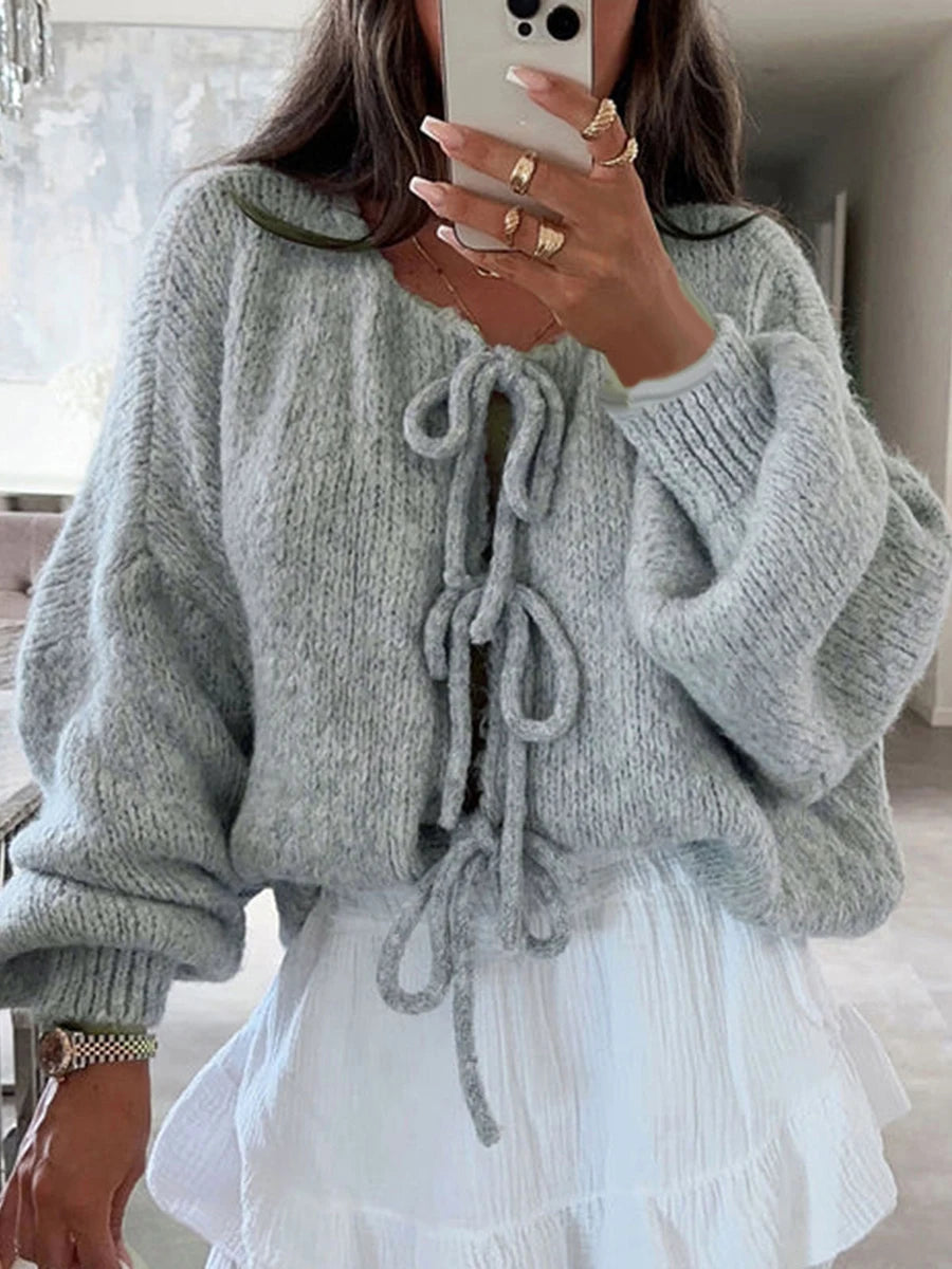 LVSANW Fashion Knitted Bow Lace Up Cardigan Women Sweater Y2k Open Front Sweet Knitted Cardigan Lantern Sleeve Oversized Cardigan