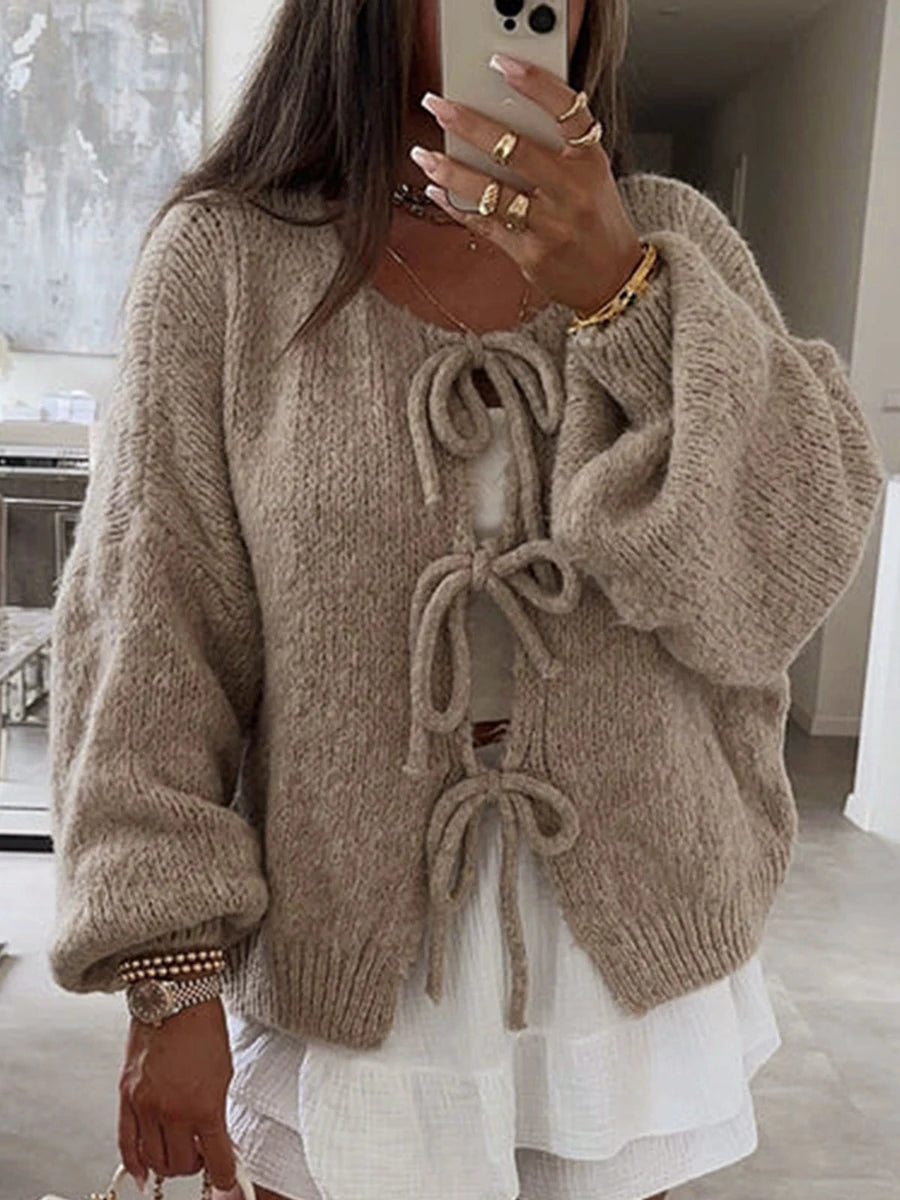 LVSANW Fashion Knitted Bow Lace Up Cardigan Women Sweater Y2k Open Front Sweet Knitted Cardigan Lantern Sleeve Oversized Cardigan