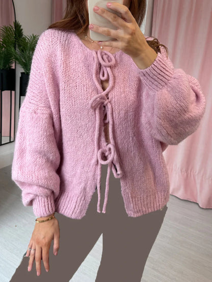 LVSANW Fashion Knitted Bow Lace Up Cardigan Women Sweater Y2k Open Front Sweet Knitted Cardigan Lantern Sleeve Oversized Cardigan