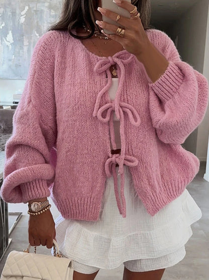 LVSANW Fashion Knitted Bow Lace Up Cardigan Women Sweater Y2k Open Front Sweet Knitted Cardigan Lantern Sleeve Oversized Cardigan