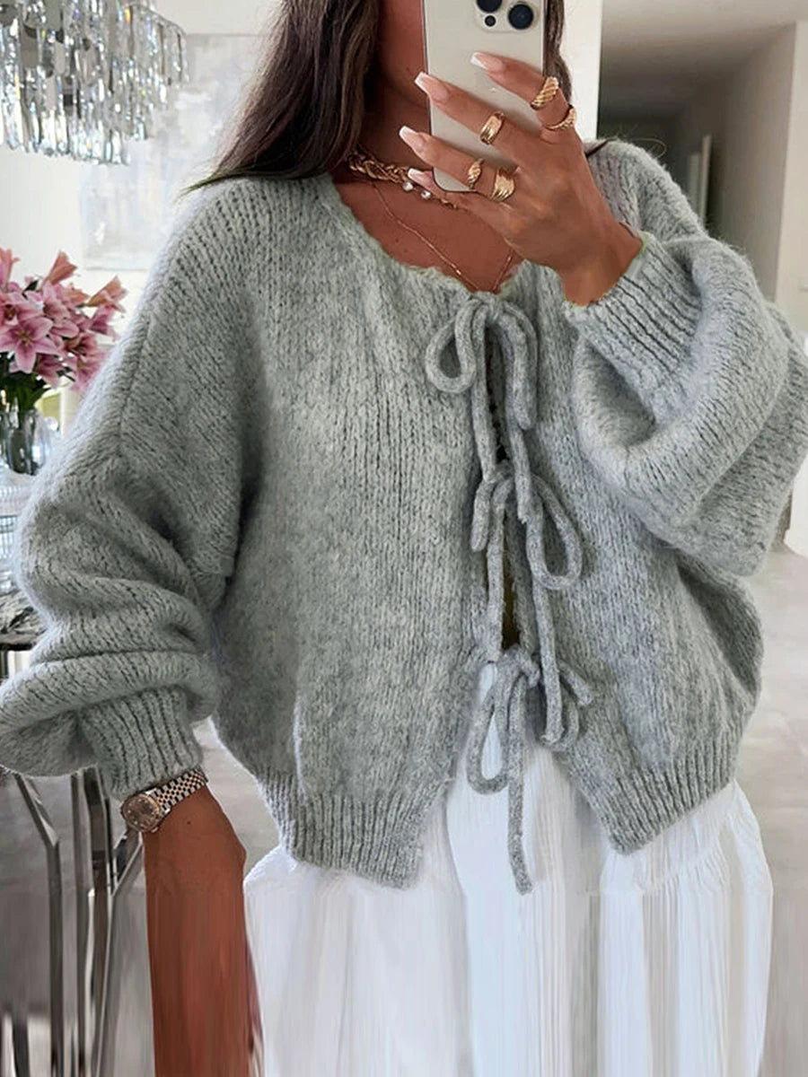 LVSANW Fashion Knitted Bow Lace Up Cardigan Women Sweater Y2k Open Front Sweet Knitted Cardigan Lantern Sleeve Oversized Cardigan