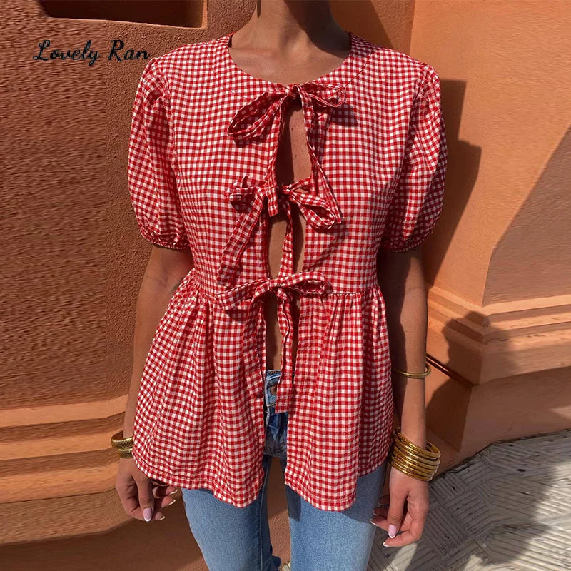 LVSANW Fashion Laced Up Bow Plaid Women Shirt Casual Hollow Out O-neck Female Shirt 2024 Spring Summer Pleated Elegant Lady Outwear