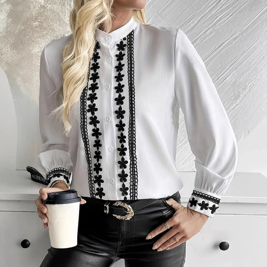 LVSANW Fashion Long Sleeve White Shirts Women Spring Lace Elegant Office Button Vintage Embroidered Tops And Blouses Women's Shirt