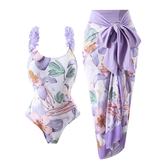 LVSANW Fashion One-Piece Swimsuit Women Purple Floral Print Swimwear 2024 Boho Ruffle Halter Beach Wear Two Pieces Spa Resort Swimwear