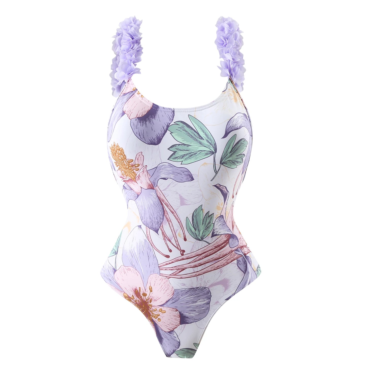 LVSANW Fashion One-Piece Swimsuit Women Purple Floral Print Swimwear 2024 Boho Ruffle Halter Beach Wear Two Pieces Spa Resort Swimwear