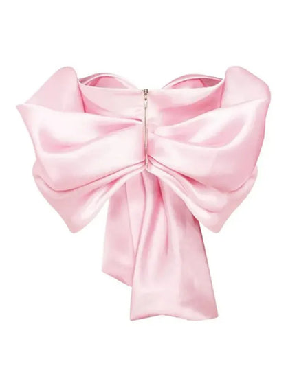 LVSANW Fashion Pink Bow Satin Irregular Women's Top V-Neck Backless Lady's Short Tops 2024 Spring Summer New Elegant Female Clothes