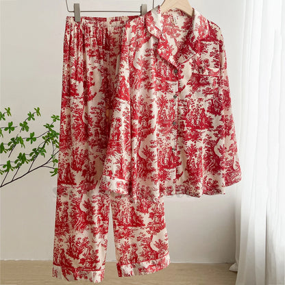 LVSANW Fashion Print Flower 2PCS Pajamas Set Women Sleepwear Spring Summer Trouser Suits Lounge Wear Loose Satin Homewear Pijamas Suit