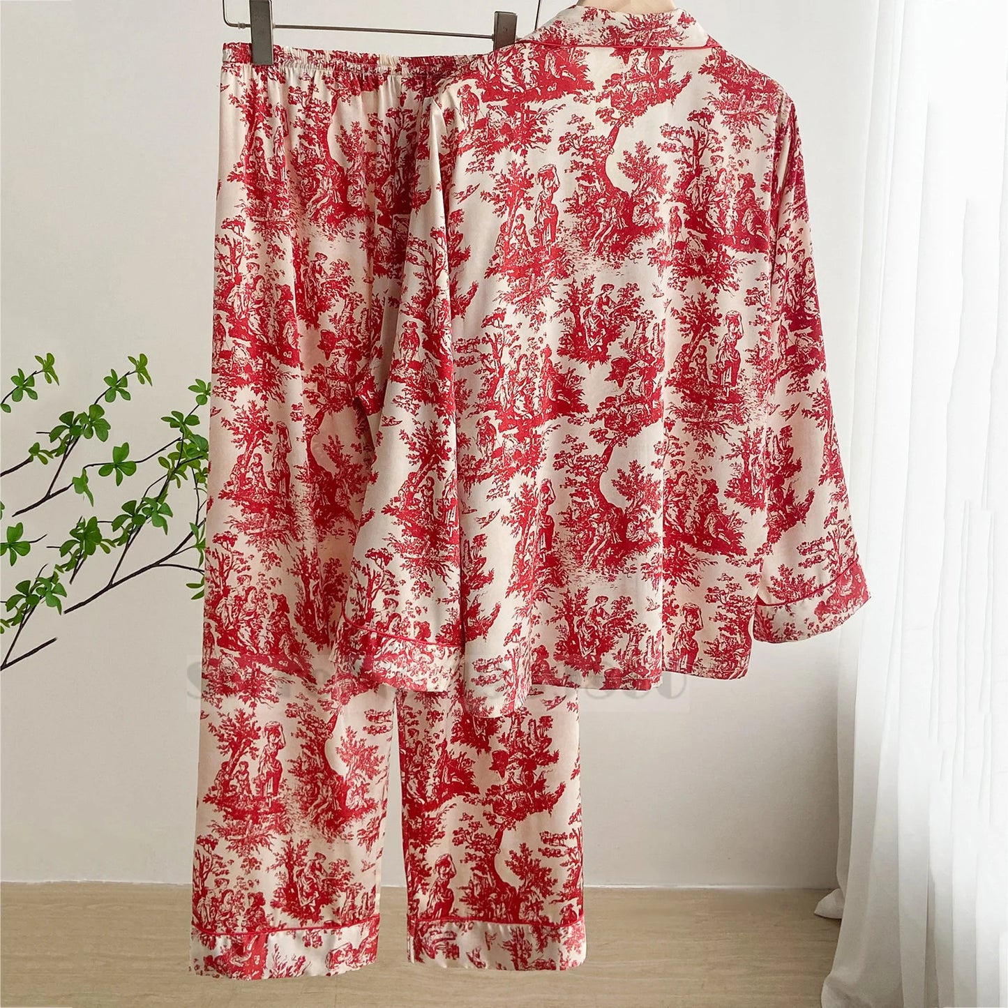 LVSANW Fashion Print Flower 2PCS Pajamas Set Women Sleepwear Spring Summer Trouser Suits Lounge Wear Loose Satin Homewear Pijamas Suit