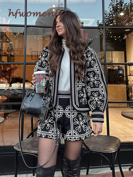 LVSANW Fashion Print Shorts Two Piece Set Women O-neck Long Sleeve Cardigan High Waist Shorts Suit 2 Pieces Autumn New in Matching Sets