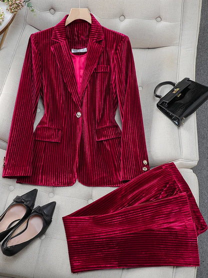 LVSANW Fashion Red Green Black Blue Ladies Pant Suit Women Female Work Wear Formal Jacket Blazer and Trouser Striped 2 Piece Set