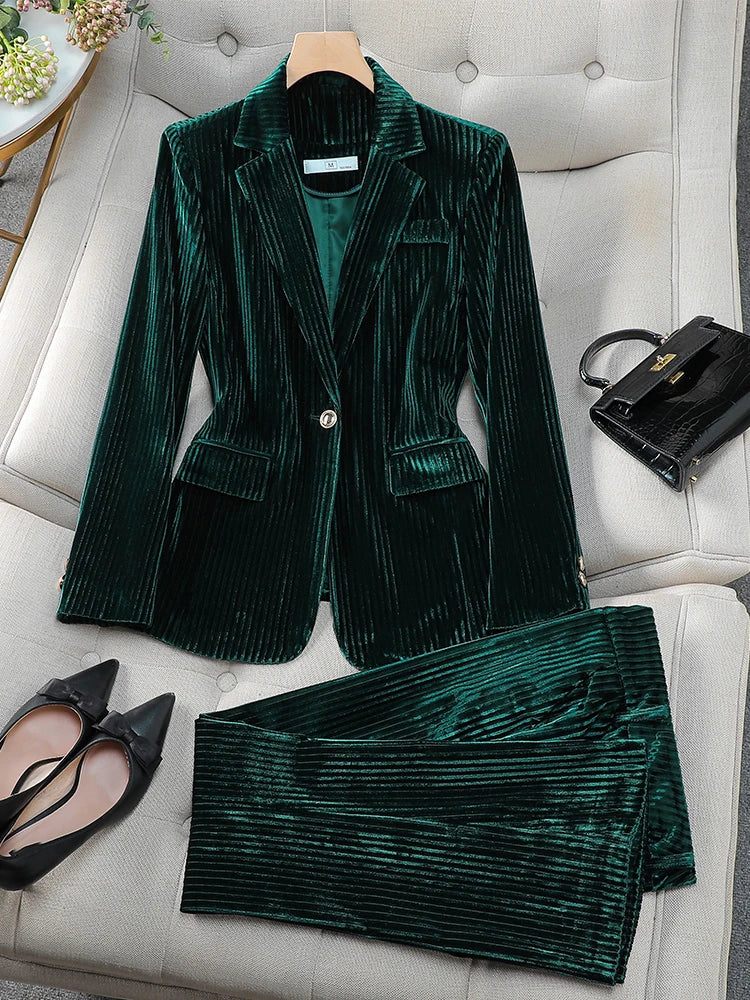 LVSANW Fashion Red Green Black Blue Ladies Pant Suit Women Female Work Wear Formal Jacket Blazer and Trouser Striped 2 Piece Set