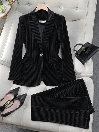 LVSANW Fashion Red Green Black Blue Ladies Pant Suit Women Female Work Wear Formal Jacket Blazer and Trouser Striped 2 Piece Set