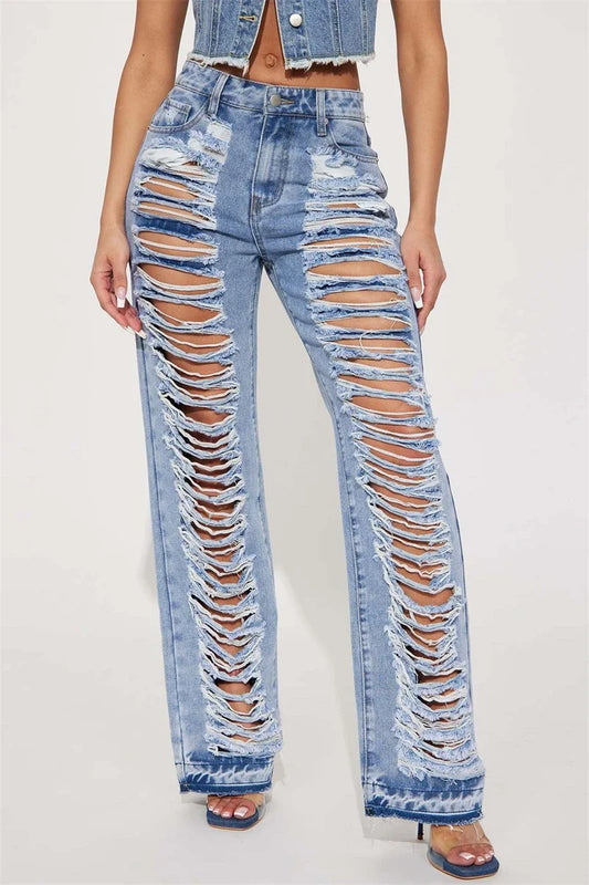 LVSANW Fashion Ripped Jeans Summer Clothes Women 2024 High Waist Broken Holes Denim Trousers Streetwear Cutout Straight Leg Jean Pants