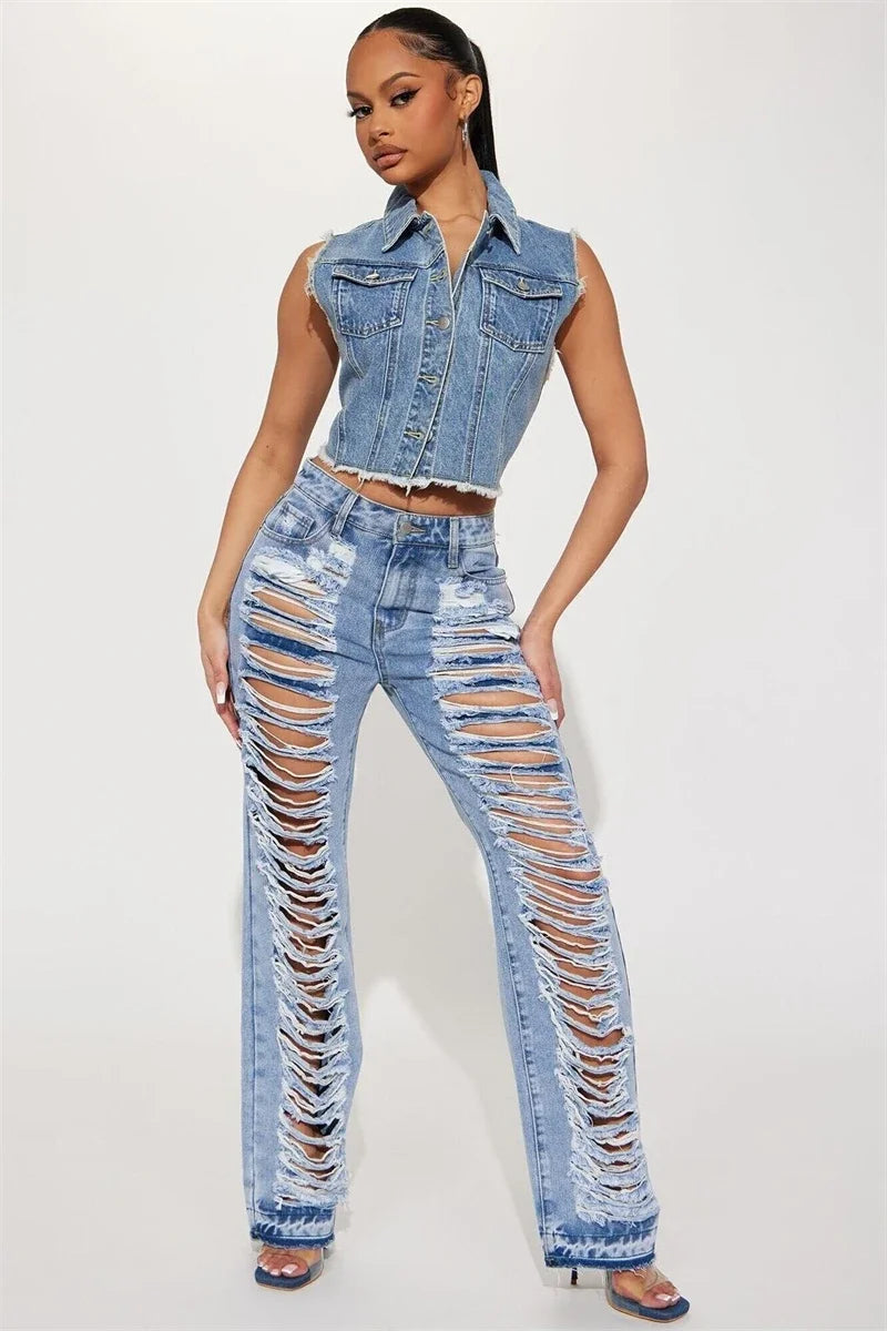 LVSANW Fashion Ripped Jeans Summer Clothes Women 2024 High Waist Broken Holes Denim Trousers Streetwear Cutout Straight Leg Jean Pants