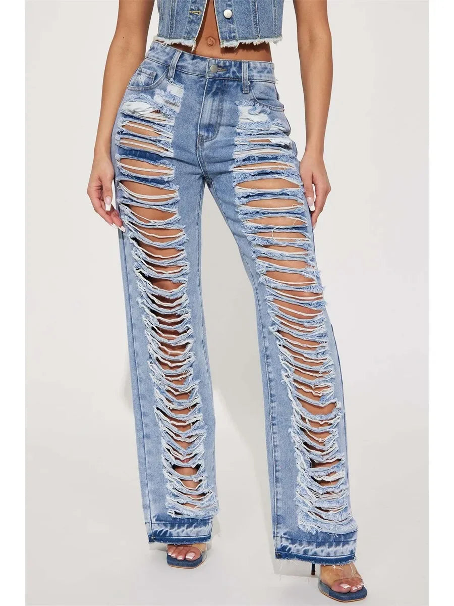 LVSANW Fashion Ripped Jeans Summer Clothes Women 2024 High Waist Broken Holes Denim Trousers Streetwear Cutout Straight Leg Jean Pants