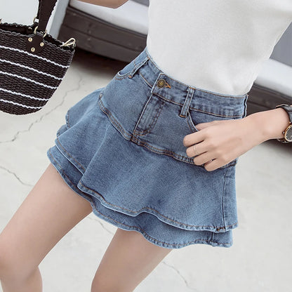 LVSANW Fashion Ruffles Denim Skirts Summer Women High Waist Lined Jean Mini Skirts Casual Solid Korean Girls Skirts