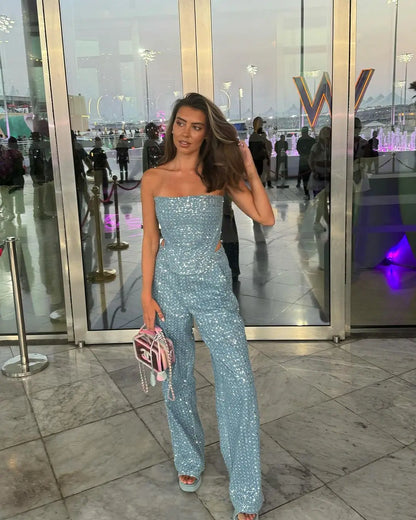 LVSANW Fashion Sequins Denim Set Women Strapless Tunic Waist Crop Top and Wide Leg Pant Suit 2024 New 2 Piece Sets Outfits Tracksuit