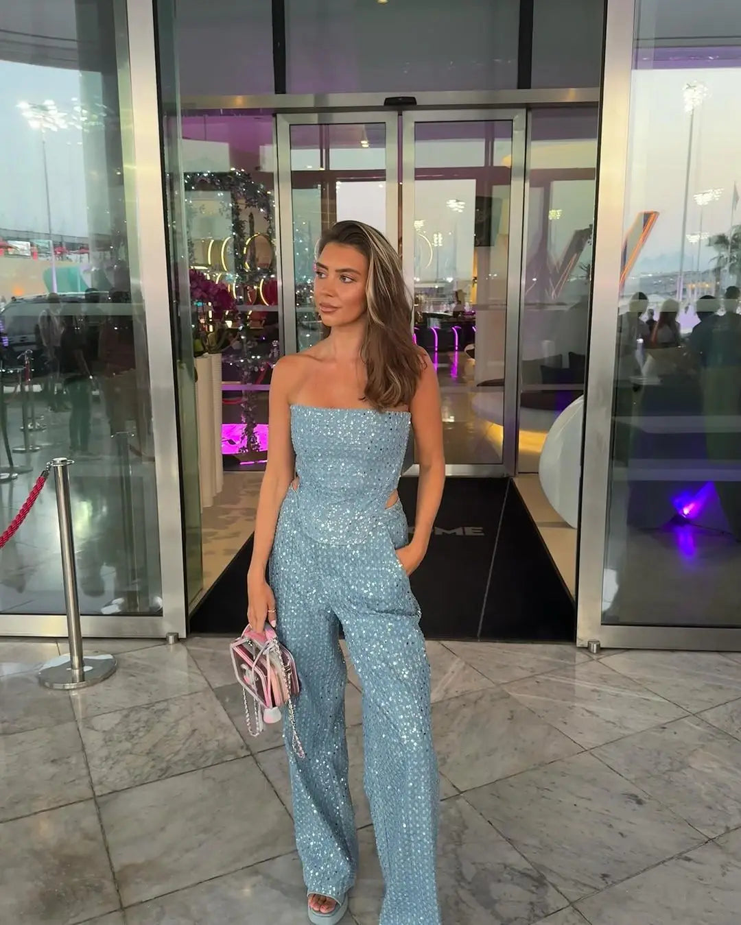 LVSANW Fashion Sequins Denim Set Women Strapless Tunic Waist Crop Top and Wide Leg Pant Suit 2024 New 2 Piece Sets Outfits Tracksuit