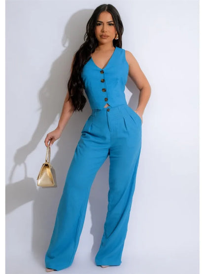 LVSANW Fashion Sleeveless Vest Pants Women Solid Color Suit Spring Summer V Neck Ultra Short Top + Slim Pants Female Office 2 Piece Set