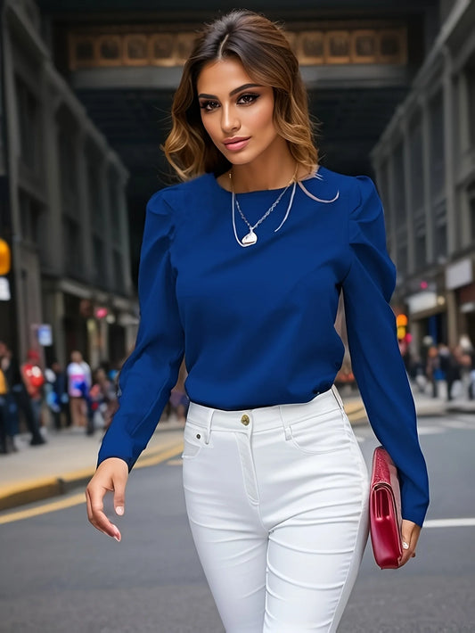 LVSANW Fashion  Solid Color Casual Elegant Long Sleeve Ruched Blouse - Women's Solid Crew Neck Top for Casual and Formal Wear