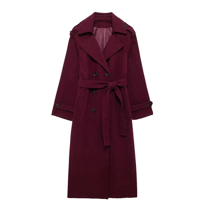 LVSANW Fashion Solid Woolen Women's Coats With Belt Lapel Full Sleeve Double Breasted Loose Long Overcoat 2024 Autumn New Lady Outwears