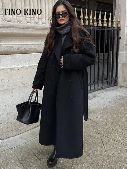 LVSANW Fashion Solid Woolen Women's Coats With Belt Lapel Full Sleeve Double Breasted Loose Long Overcoat 2024 Autumn New Lady Outwears