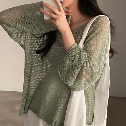 LVSANW Fashion Summer Hollow Out Blouses Loose Thin Sunscreen Clothing Long Sleeve Beach Vacation Knitwear Tops Women