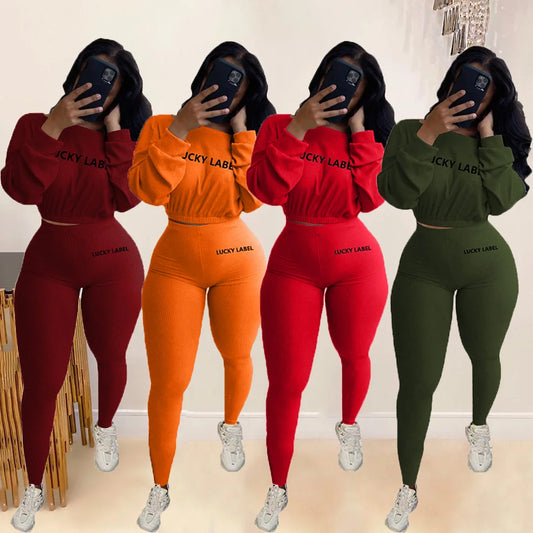 LVSANW Fashion Summer Solid Lucky Label Letter Embroidery Two Piece Sets Women Sweatshirt+Leggings Casual Sporty Tracksuits Female