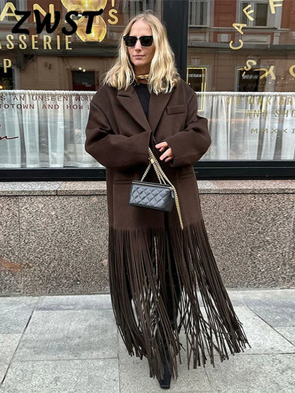 LVSANW Fashion Tassel Hem Women's Coat Autumn Winter Turndown Collar Long Sleeve Female Overcoat 2025 Brown High Street Lady Outwear