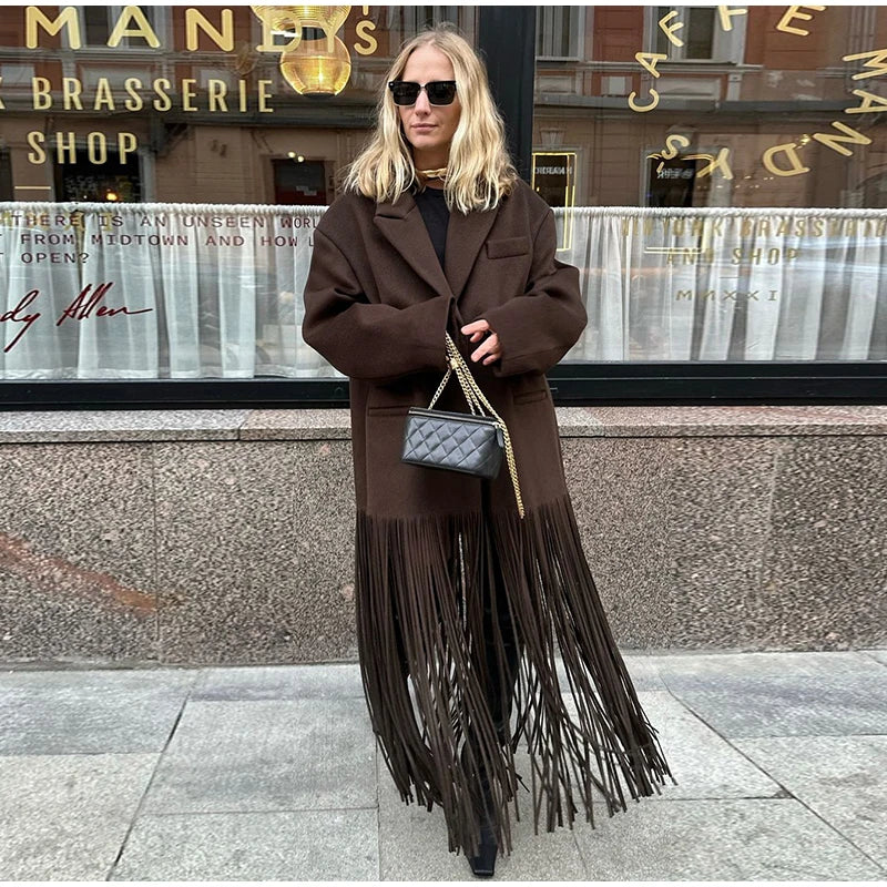 LVSANW Fashion Tassel Hem Women's Coat Autumn Winter Turndown Collar Long Sleeve Female Overcoat 2025 Brown High Street Lady Outwear