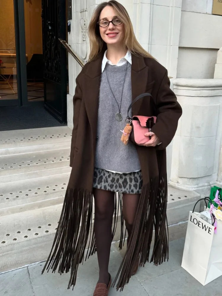 LVSANW Fashion Tassel Hem Women's Coat Autumn Winter Turndown Collar Long Sleeve Female Overcoat 2025 Brown High Street Lady Outwear