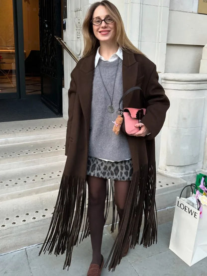 LVSANW Fashion Tassel Hem Women's Coat Autumn Winter Turndown Collar Long Sleeve Female Overcoat 2025 Brown High Street Lady Outwear