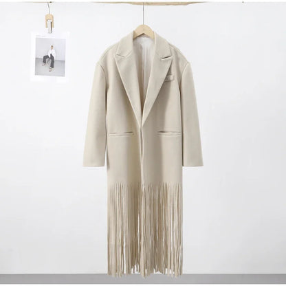 LVSANW Fashion Tassel Hem Women's Coat Autumn Winter Turndown Collar Long Sleeve Female Overcoat 2025 Brown High Street Lady Outwear